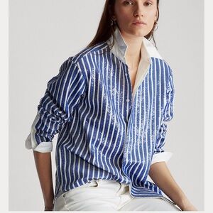 NWT Polo Ralph Lauren Sequin Blue and White Striped Shirt